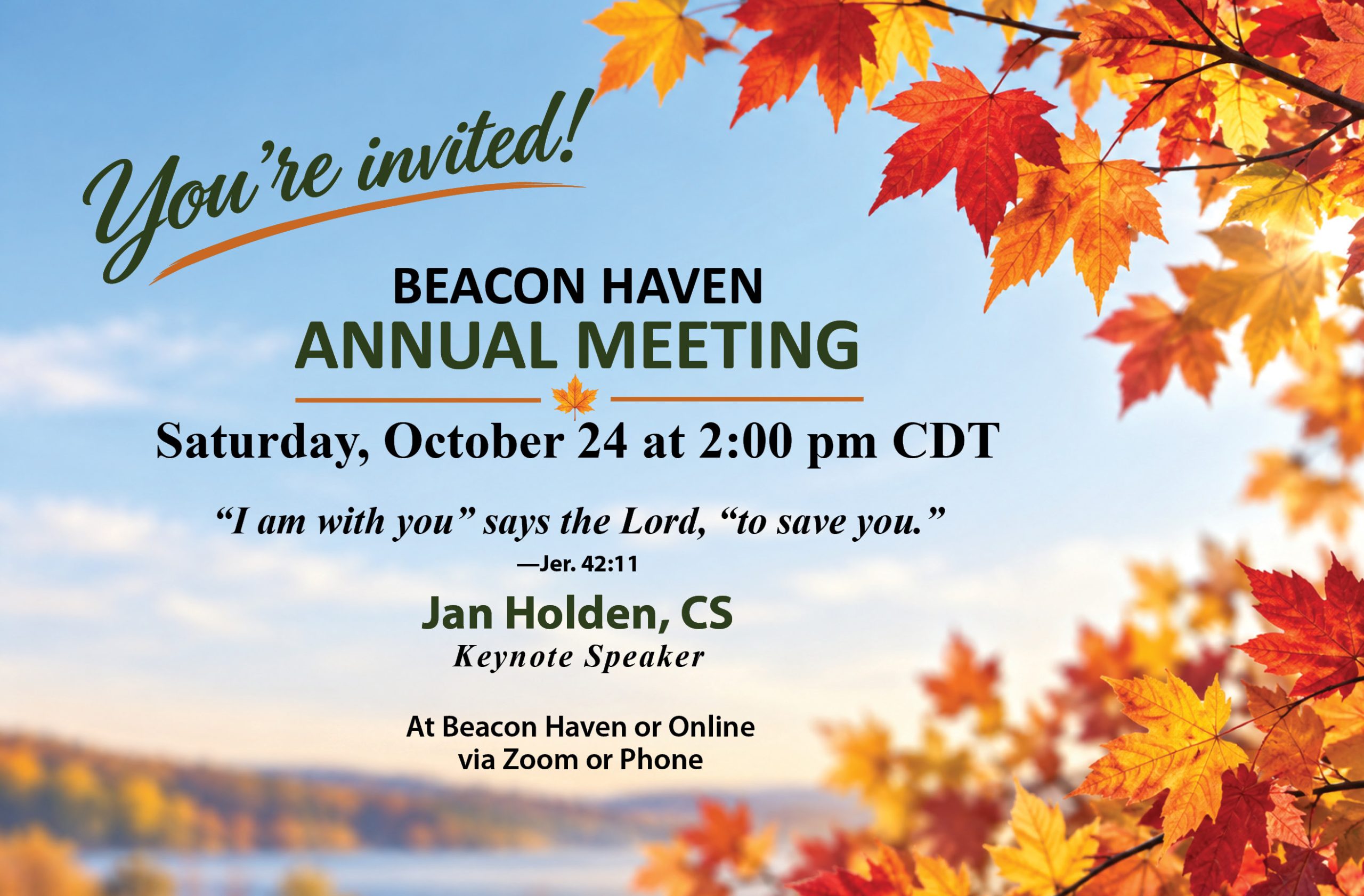 2026 Beacon Haven Annual Meeting Saturday May 30 at 2 p.m. CDT with keynote speaker Jan Holden, CS
