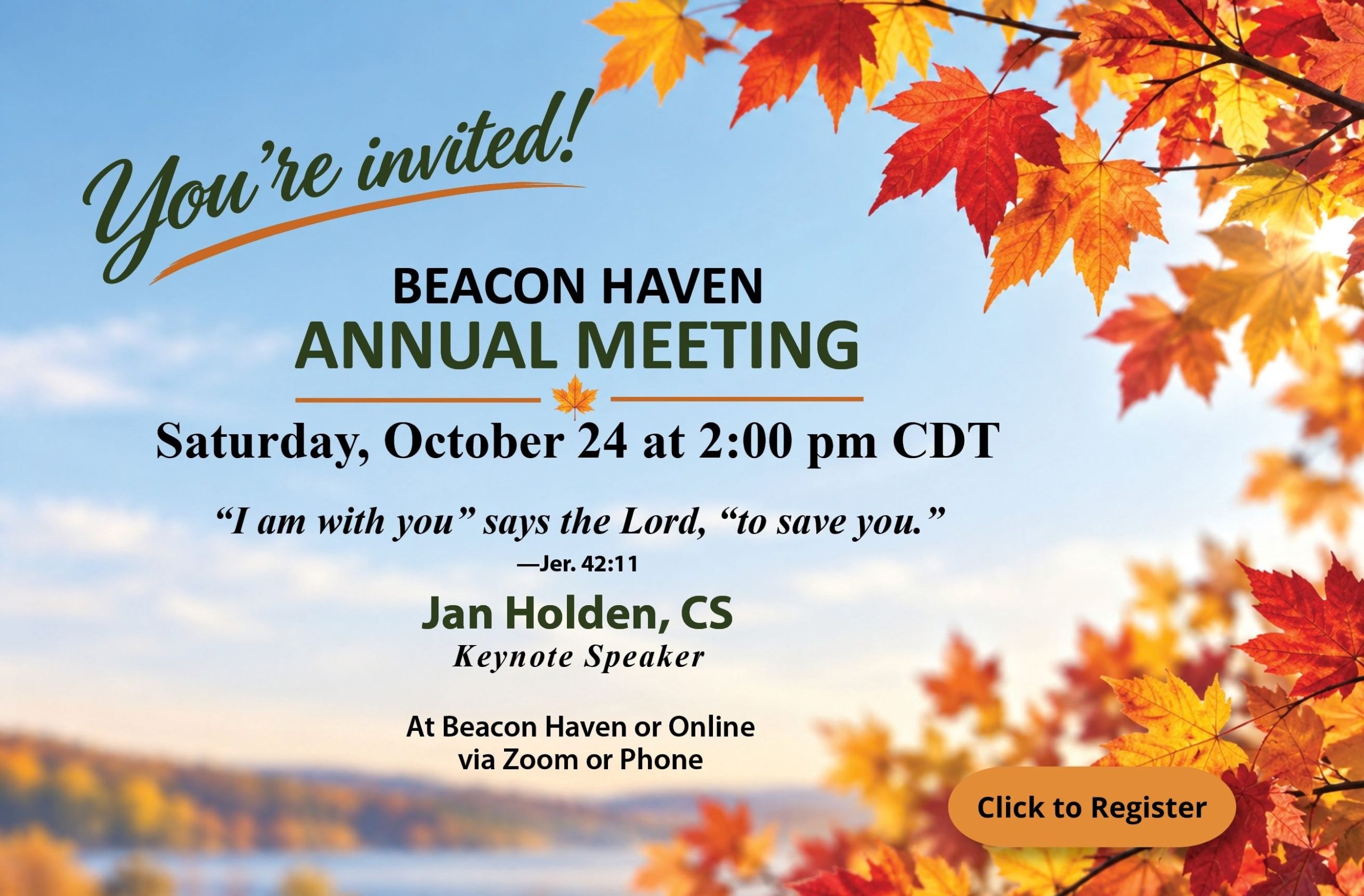 2026 Beacon Haven Annual Meeting Saturday May 30 at 2 p.m. CDT with keynote speaker Jan Holden, CS